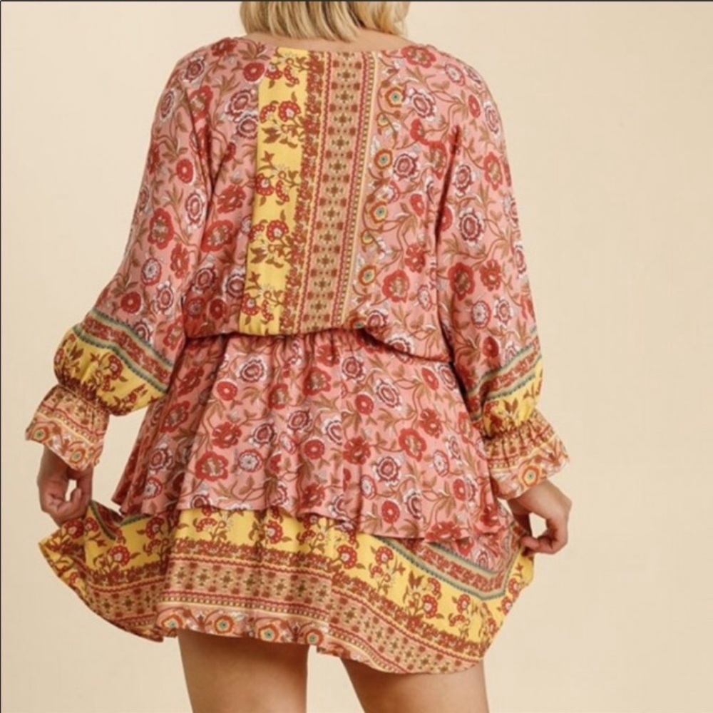 Umgee Orange Paisley V-Neck Mini Dress - Picture 3 of 15